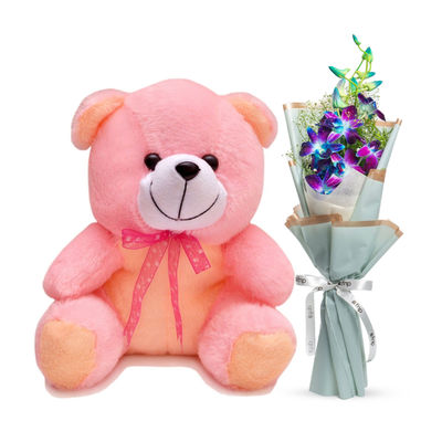Babique Teddy Bear Plush Soft Toy Cute Kids Birthday Animal Baby Boys/Girls (25 Cm, Pink )(1pc) & Fnp Vibrant Orchid Flower Bouquet(1pc) Combo