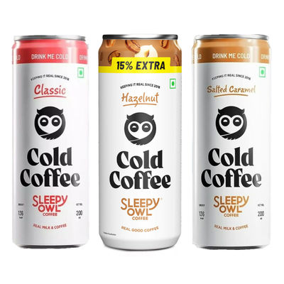 Sleepy Owl Cold Coffee Can - Classic(200ml), Sleepy Owl Cold Coffee Can - Hazelnut(200ml) & Sleepy Owl Cold Coffee Can - Salted Caramel(200ml) Combo