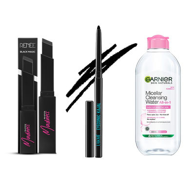Lakme Eyeconic Kajal Black(1gms), Renee Madness Ph Stick(3gms) & Garnier Skin Naturals, Cleansing Water, Hydrating & Soothing, Micellar Cleansing Water(400ml) Combo