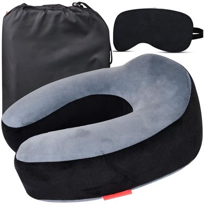 Trajectory Travel Neck Pillow Memory Foam 3 In 1 Combo with Eye Mask And Carry Bag | Grey And Black