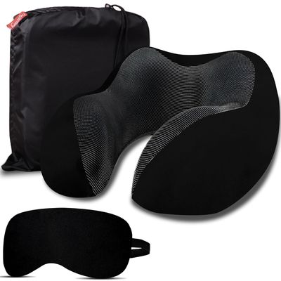 Trajectory Travel Neck Pillow Memory Foam 3 In 1 Combo with Eye Mask And Carry Bag | Black