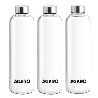 Agaro Elite Borosilicate Glass Bottles Pack of 3, 1L Each, Transparent, Hot & Cold