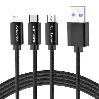 Ambrane 3 In 1 Usb Fast Charging Cable With Type C, Lightning, Micro Usb Port, 1.25M Trio-11