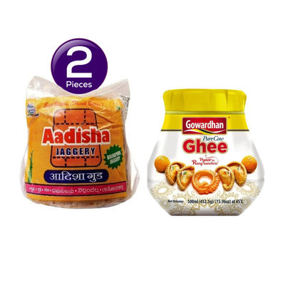 Gowardhan Pure Cow Ghee (Jar)(500 ml) & Aadisha Jaggery Block(450 gms) Combo