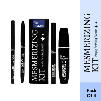 Blue Heaven Mesmerising Eye Kit Combo Pack Of 4 | Kajal, Mascara, Eyeliner & Brow Definer,0.6Gm+9Ml