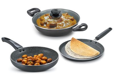 Prestige Omega Deluxe Granite Non-Stick Byk Cookware Set (Aluminum)|Black, 3 Piece