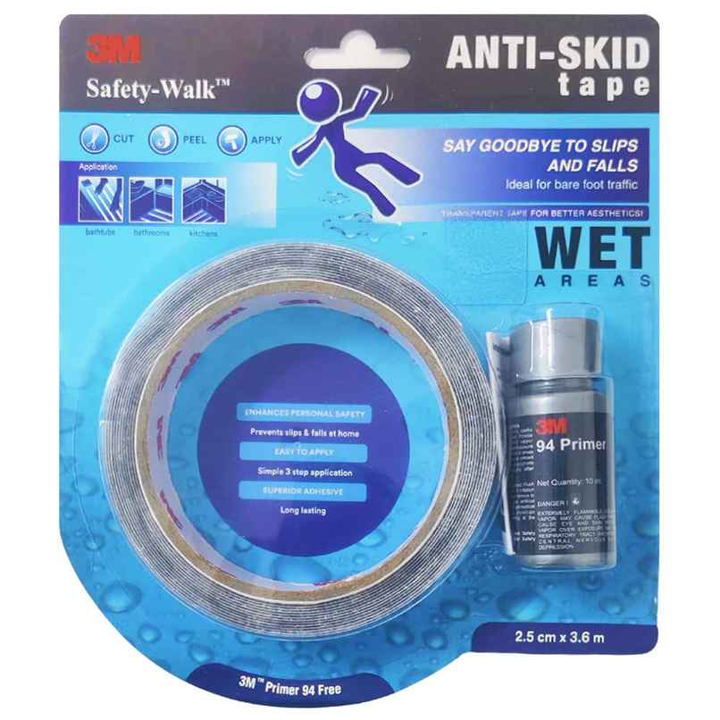 3M Anti Skid Tape with Primer 10ml, Skid Resistant (2.5cmx3.6m, Wet Areas) 3M Anti Skid Tape with Primer 10ml, Skid Resistant (2.5cmx3.6m, Wet Areas)