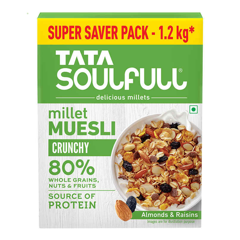 Tata Soulfull Millet Muesli, Crunchy, with Almonds & Raisins, Breakfast Cereal