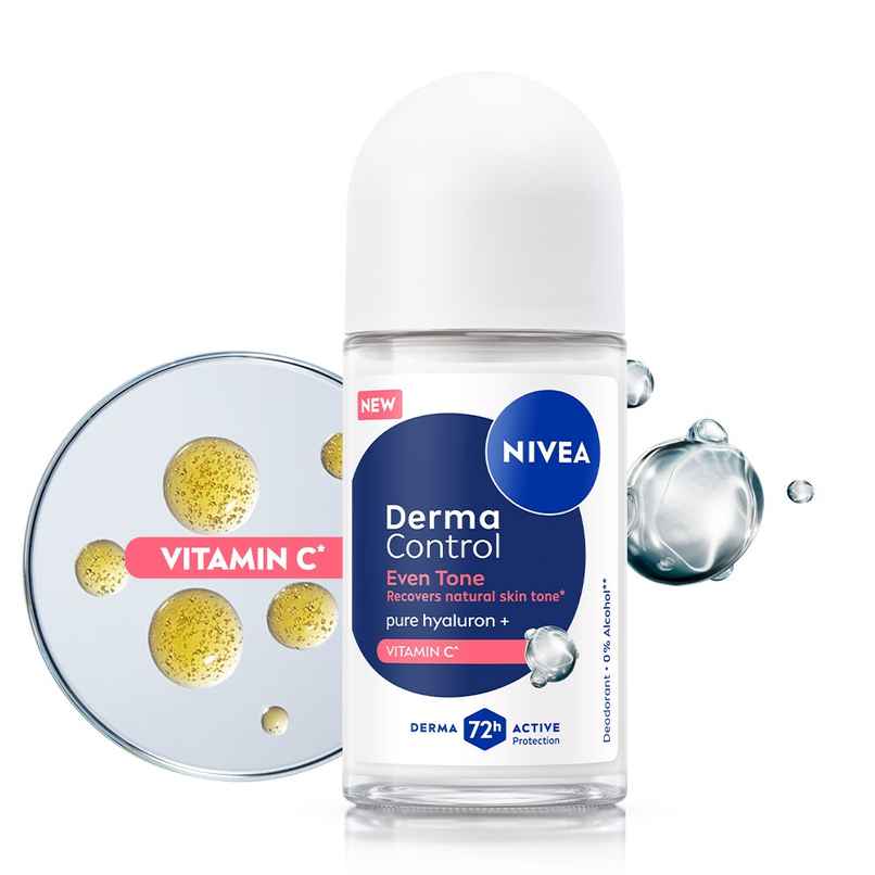 NIVEA Derma Control Eventone Alcohol, Pure Hyaluron and Vit C Underarm Roll On Women