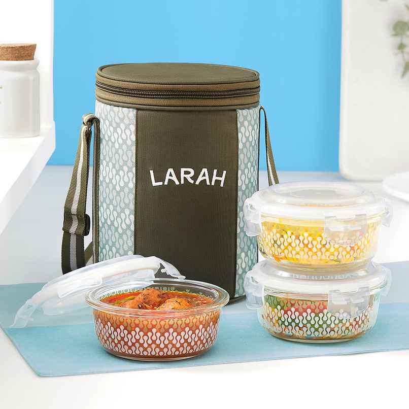 Larah Glassware Gracia Borosilicate Glass Lunchbox, 3pc Round Container | 400 ml | Microwave Safe