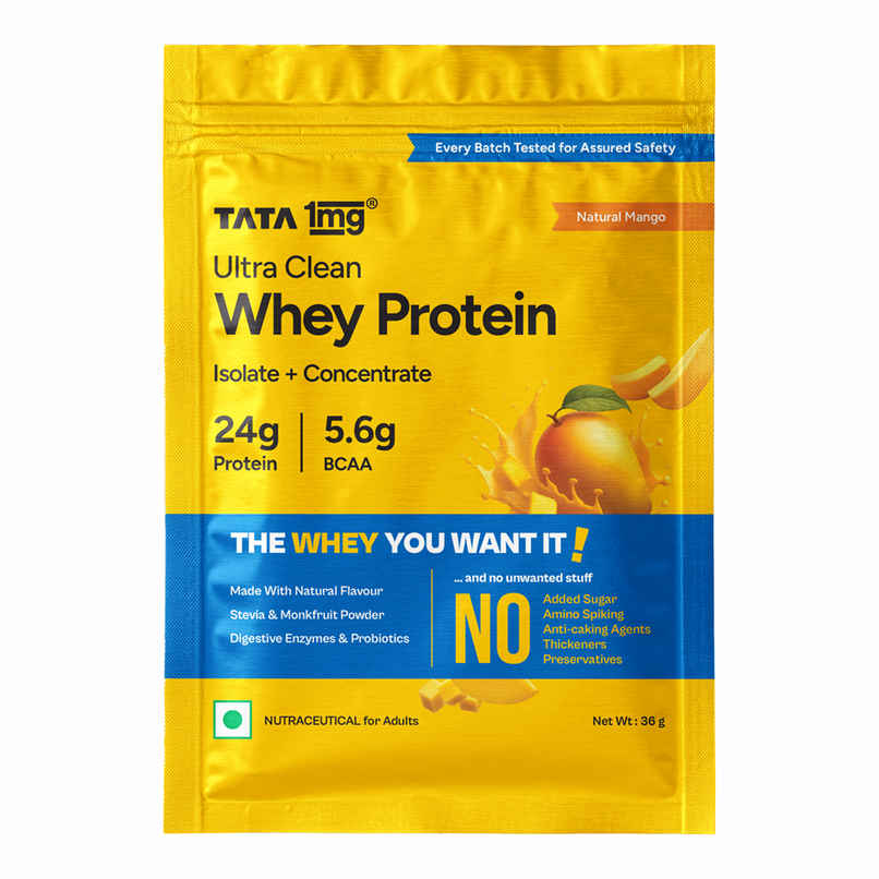 Tata 1mg Ultra Clean Whey Protein | 24g Protein, 5.6g BCAA | Natural Mango | 1 Sachet