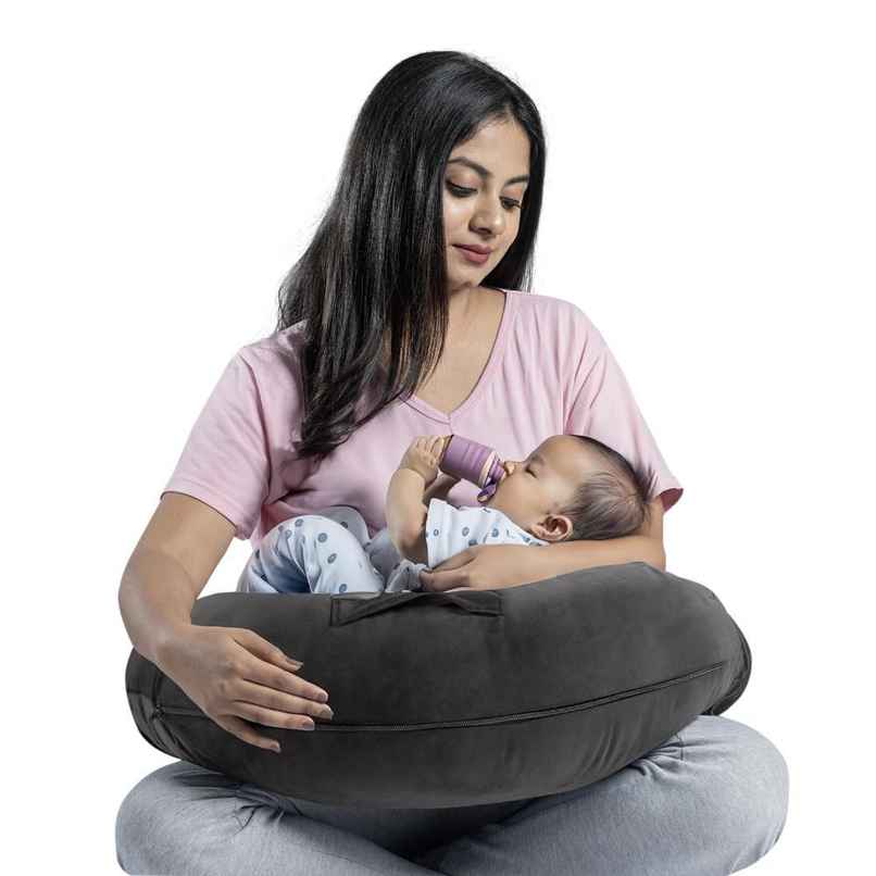 Nursing Pillow For Feeding & Baby Care | Super Soft & Machine Washable Velvet Cover | Charcoal Grey
