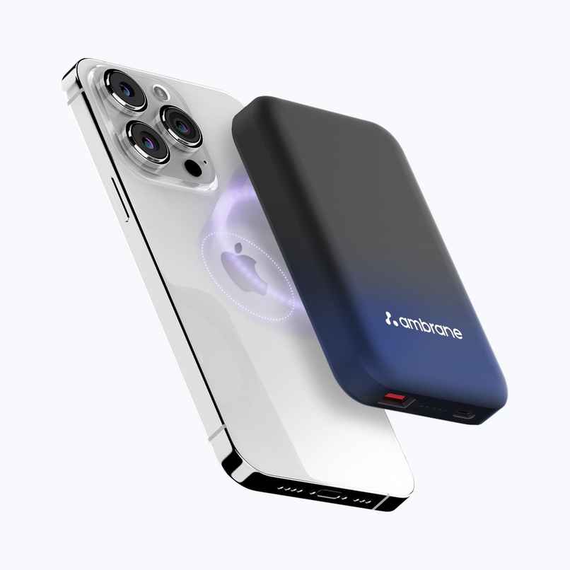 Ambrane Magsafe Wireless 10000Mah Fast Charging USB Type-C Input Power Bank, Strong Magnet, 22.5W Output For iPhone 12 & Above, Android & Other Qi Enabled Devices + Magnetic Ring (Snap, Blue)