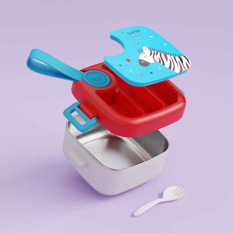 ReeQ Kids Lunch Box with Spoon | Cute Animal Print Bento | Leakproof Stainless Steel Inner Box