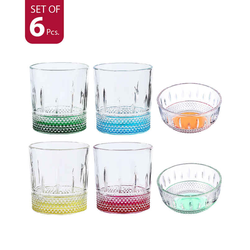 Sanjeev kapoor OSLO COLORED Glass and Bowl PARTY SET | 4 pcs 330 ml + 2 pcs 300 ml