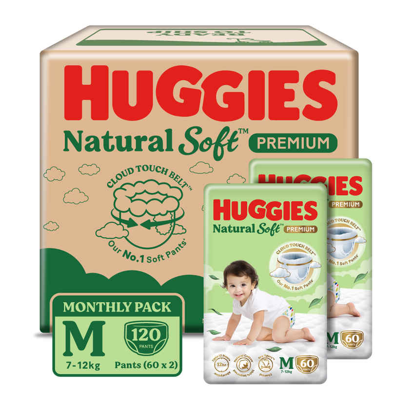 Huggies Natural Soft Premium Baby Diapers | Pant Style | M | 60 pcs