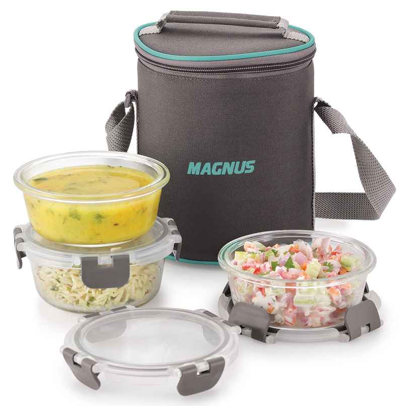 Magnus Glock Solid Glass Lunch Box- Vertical Pouch- 3 Round Containers-400Ml Each - Grey Magnus Glock Solid Glass Lunch Box- Vertical Pouch- 3 Round Containers-400Ml Each - Grey