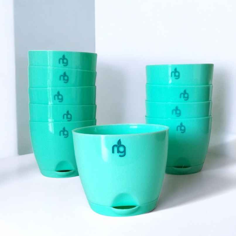 Nurturing Green - Self Watering Pots | Set of 10 | Sea Green | Size: 8cm x 6.5cm | Pots with Tray Nurturing Green - Self Watering Pots | Set of 10 | Sea Green | Size: 8cm x 6.5cm | Pots with Tray