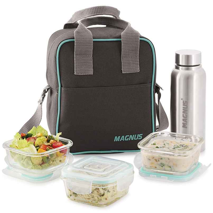 Magnus Vivid Solid Lunch Box With Bag, 1 SS Bottle, 3pc Square Containers (320 ml Each), Glass Tiffin Magnus Vivid Solid Lunch Box With Bag, 1 SS Bottle, 3pc Square Containers (320 ml Each), Glass Tiffin