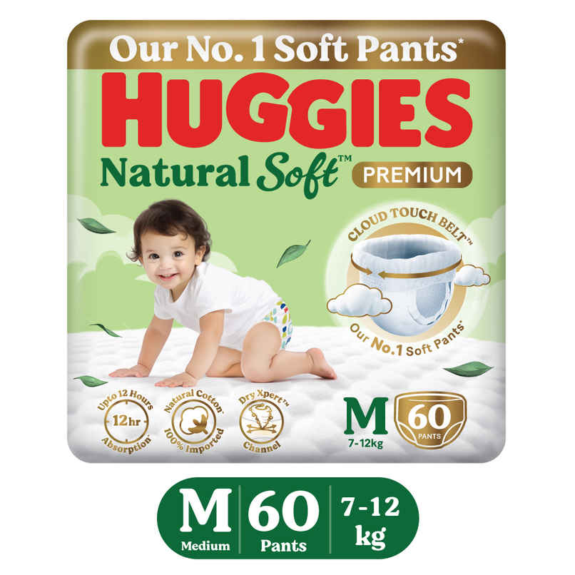 Huggies Natural Soft Premium Baby Diapers | Pant Style | M | 60 pcs Huggies Natural Soft Premium Baby Diapers | Pant Style | M | 60 pcs