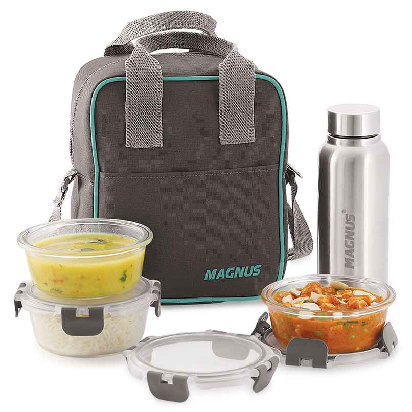 Magnus Glock Solid Lunch Box With Bag, 1 SS Bottle, 3pc Round Containers (400 ml Each), Glass Tiffin Magnus Glock Solid Lunch Box With Bag, 1 SS Bottle, 3pc Round Containers (400 ml Each), Glass Tiffin