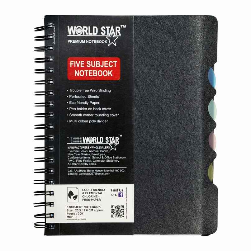 ABK 5 Subject Notebook 70 Gsm Paper Single Ruled 300 Pages 17.6 x 25 cm Spiral Binding