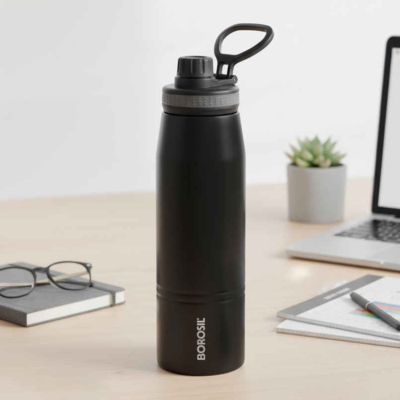 Borosil GoSports Stainless Steel Wate Bottle | 900 ml | Black | Double Wall Vacuum Insulated Flask