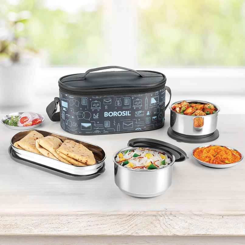 Borosil Carry Fresh Stainless Steel Insulated Lunchbox, 3 pc Set (280ml x 2 + 475ml Chapati Dabba)
