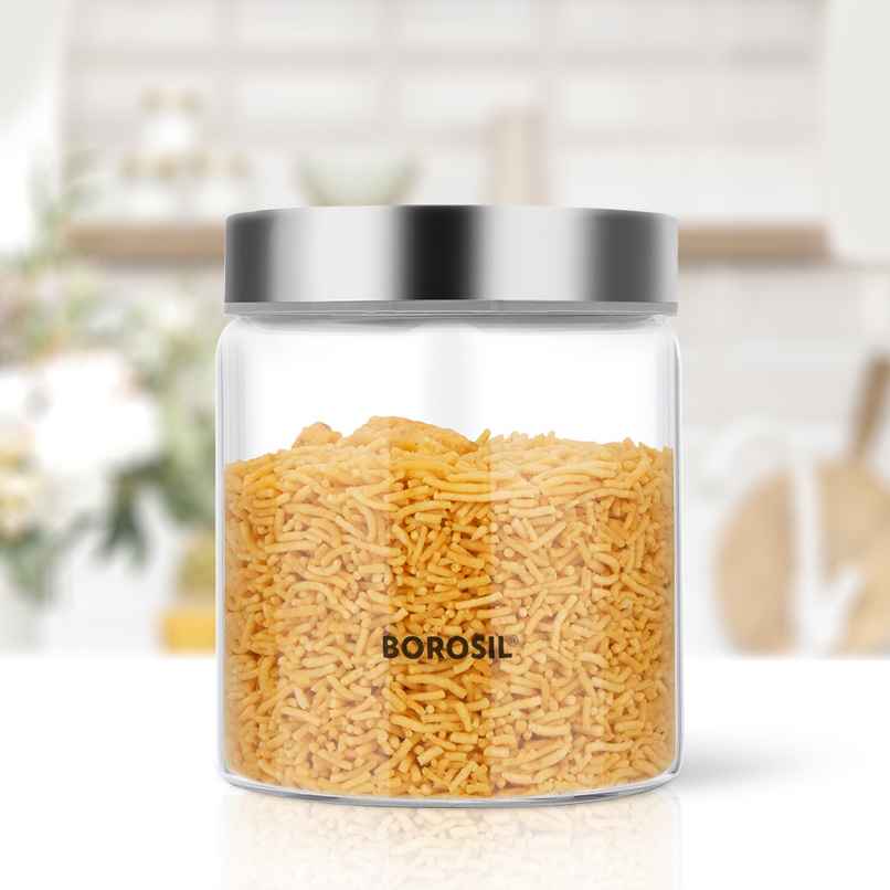 Borosil 600 ml Endura Glass Jar With Air-Tight Steel Lid, Kitchen Storage Container Borosil 600 ml Endura Glass Jar With Air-Tight Steel Lid, Kitchen Storage Container