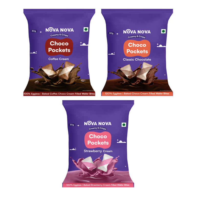Nova Nova Choco Pockets - Assorted Pack of 3 ( Classic Chocolate, Coffee & Strawberry Cream) Nova Nova Choco Pockets - Assorted Pack of 3 ( Classic Chocolate, Coffee & Strawberry Cream)