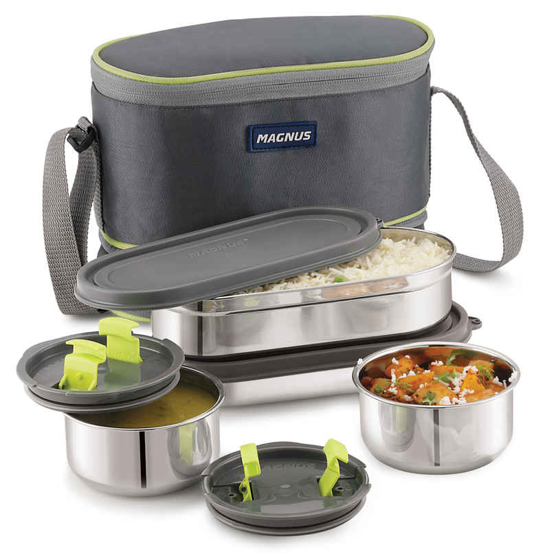 Magnus Olive 4 Lunchbox With Leak-Proof Steel Containers for School with Insulated Bag | 1730 ml