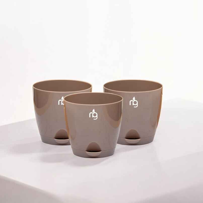 Nurturing Green - Self Watering Pots | Set of 3 | Mocha | 11.5cm x 11cm | Plant Pots with Tray Nurturing Green - Self Watering Pots | Set of 3 | Mocha | 11.5cm x 11cm | Plant Pots with Tray