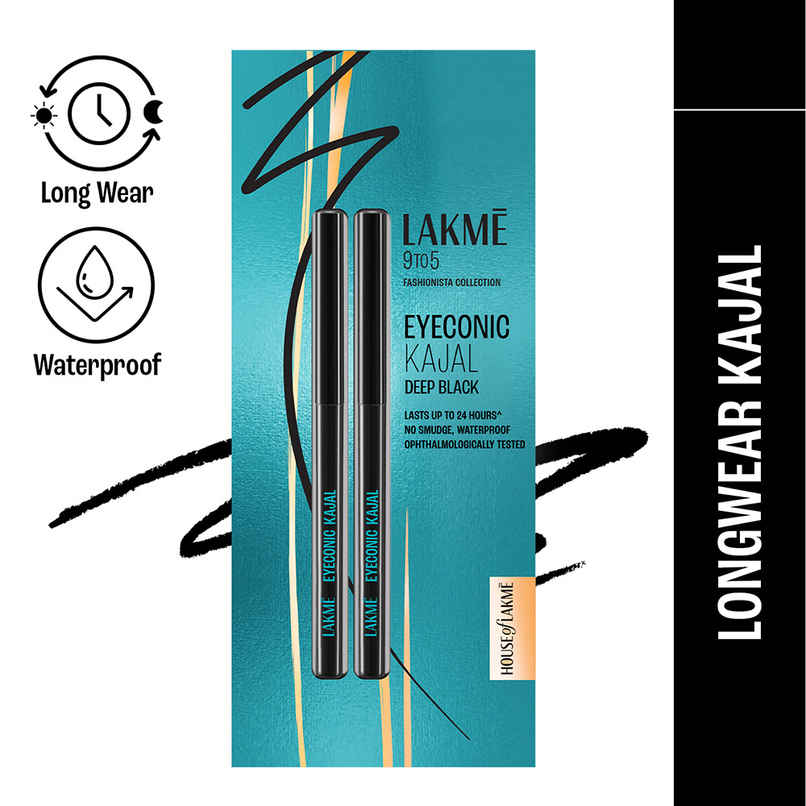 Lakme 9 to 5 Eyeconic Kajal Twin Pack, lasts upto 24hrs, Pack of 2- Deep Black Lakme 9 to 5 Eyeconic Kajal Twin Pack, lasts upto 24hrs, Pack of 2- Deep Black