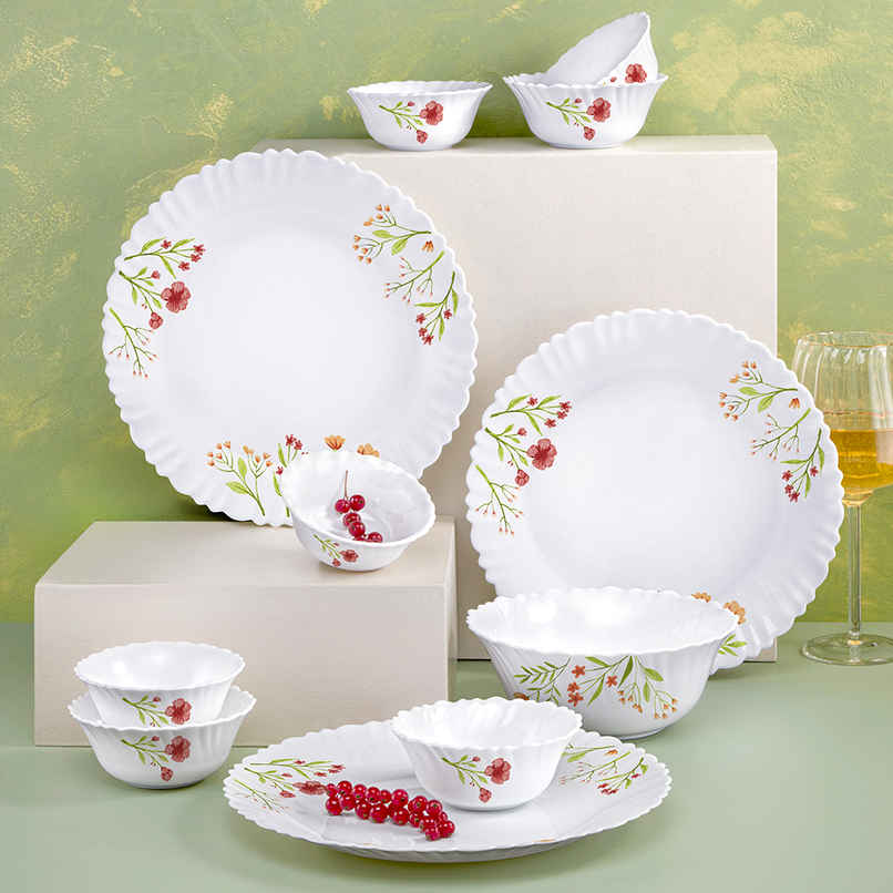Larah by Borosil Coral Dinner Set | Opalware Crockery for Dining & Gifting | White