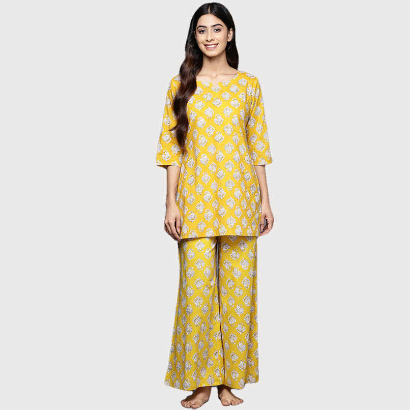Libas Women Mustard Cotton Floral Kurti With Cotton Pyjamas - 50176M Libas Women Mustard Cotton Floral Kurti With Cotton Pyjamas - 50176M