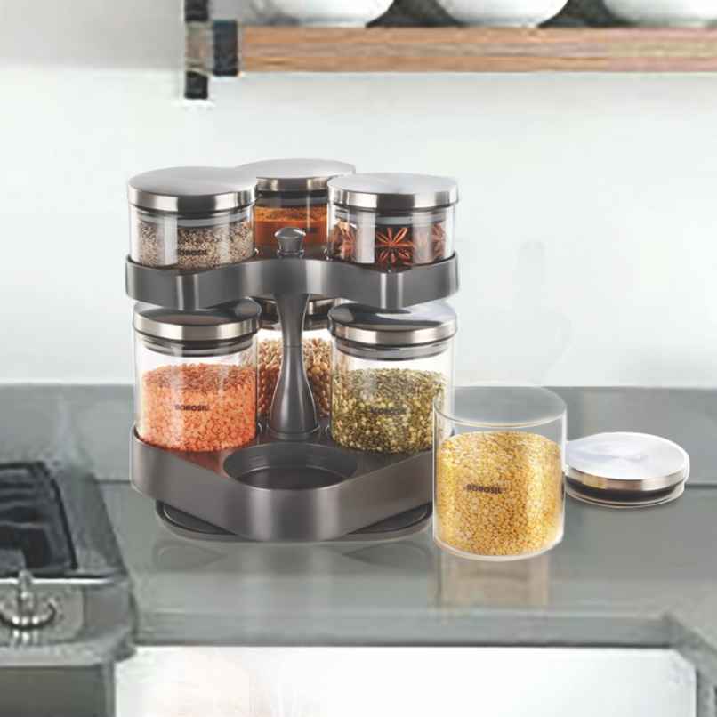 Borosil Spin N Store Classic Jar, 360 Rotating Tray Borosilicate Glass - 300 ml x 3 + 600 ml x 4 Borosil Spin N Store Classic Jar, 360 Rotating Tray Borosilicate Glass - 300 ml x 3 + 600 ml x 4