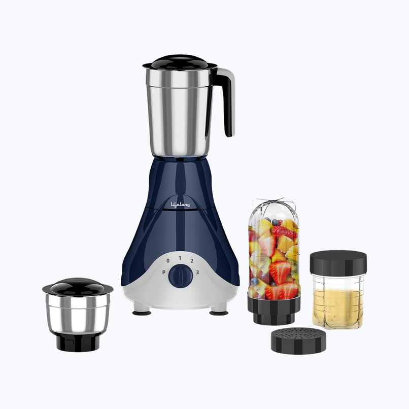 Lifelong Mixer Grinder | 500 W | 4 Jars - 2 Stainless Steel Jars and 2 Nutri bullet Jars for Smoothie & Blending - Blue Lifelong Mixer Grinder | 500 W | 4 Jars - 2 Stainless Steel Jars and 2 Nutri bullet Jars for Smoothie & Blending - Blue