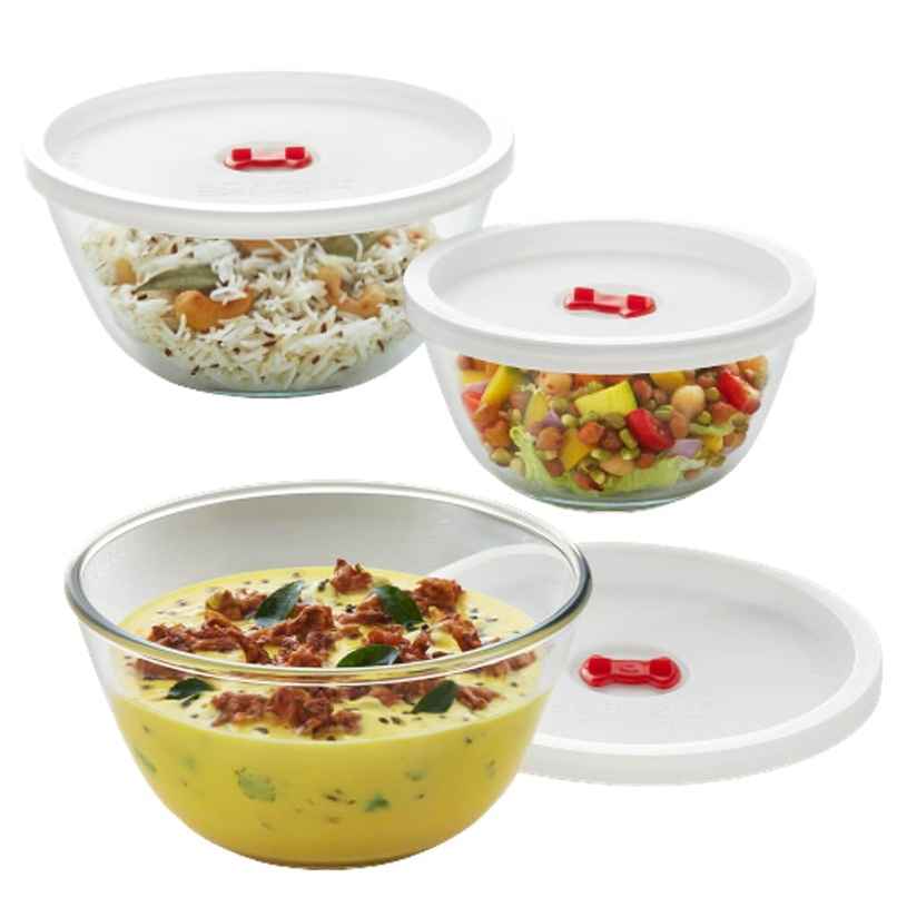 Borosil Glass Serving & Mixing Bowls With Lids, Set of 3 (500 ml + 900 ml + 1.3 L)
