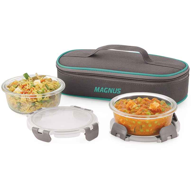 Magnus Glock Solid Glass Lunch Box- Flat Pouch- Detachable Clip-2 Round Containers-400Ml Each -Grey Magnus Glock Solid Glass Lunch Box- Flat Pouch- Detachable Clip-2 Round Containers-400Ml Each -Grey