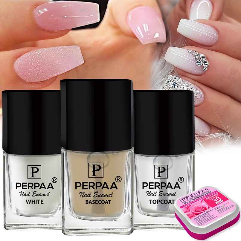 PERPAA Beauty Base Coat - Top Coat & White Nail Paint | Free Nail Wipes
