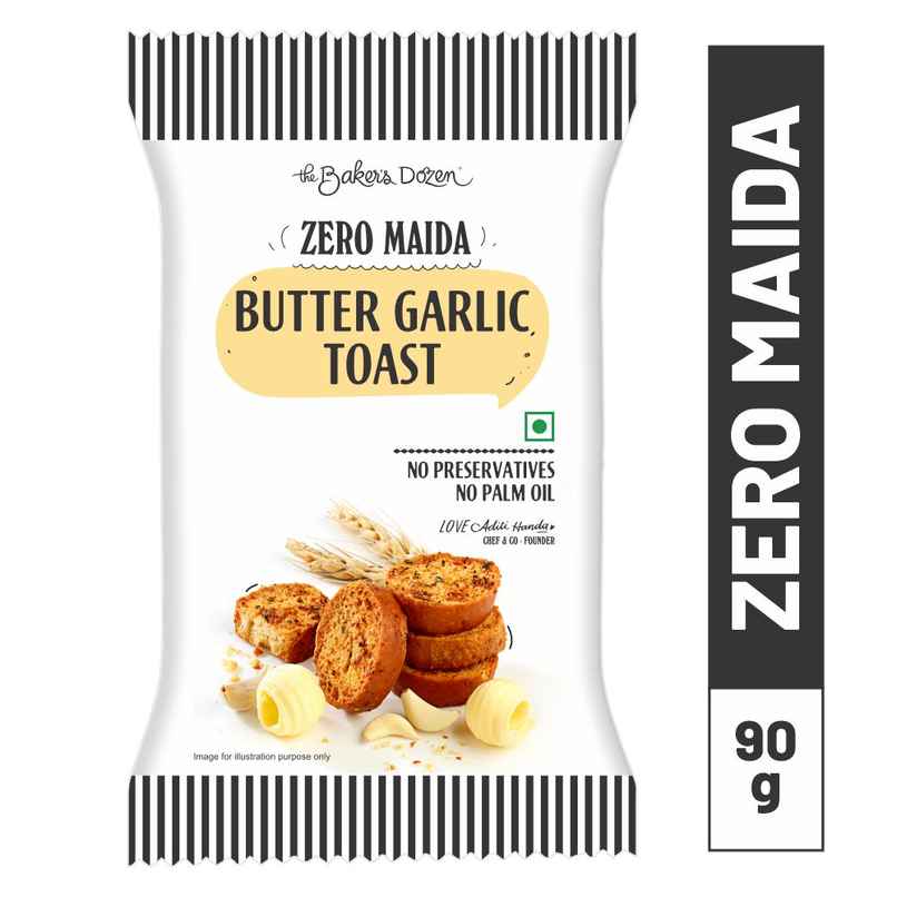 The Baker's Dozen Zero Maida Butter Garlic Toast Baked Snack No Palm Oil No preservatives 100% Wholewheat The Baker's Dozen Zero Maida Butter Garlic Toast Baked Snack No Palm Oil No preservatives 100% Wholewheat