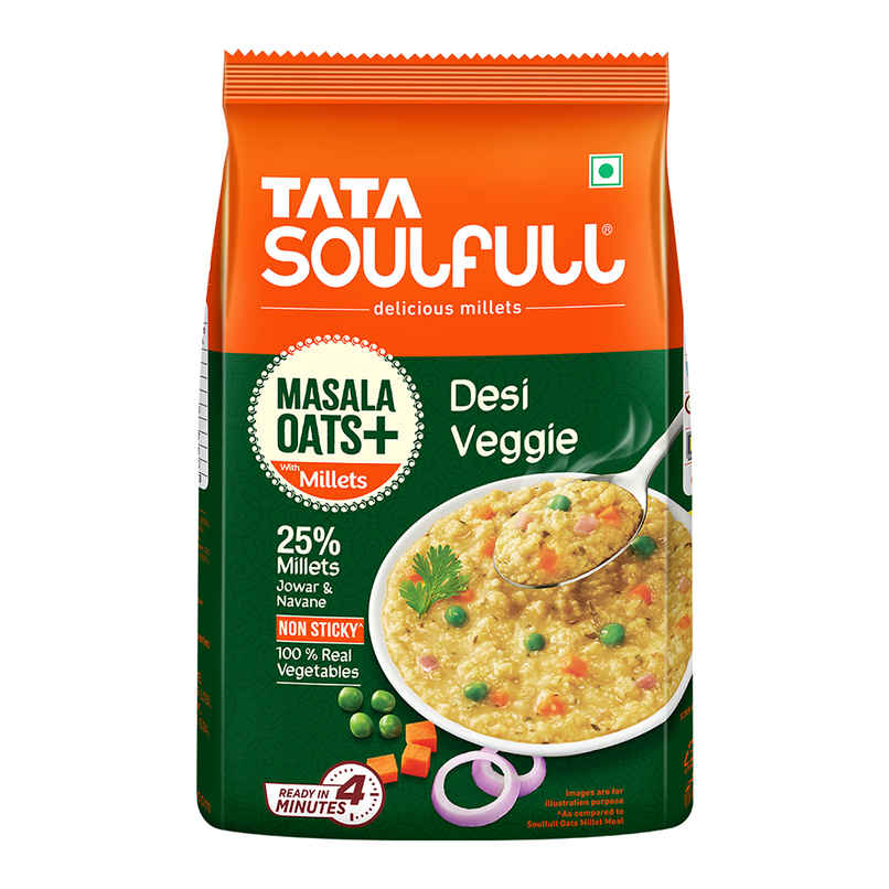 Tata Soulfull Masala Oats+ Desi Veggie, with 25% millets, Non sticky Tata Soulfull Masala Oats+ Desi Veggie, with 25% millets, Non sticky