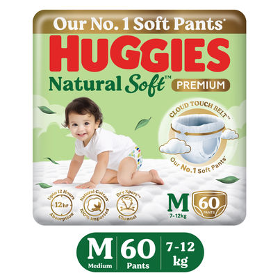 Huggies Natural Soft Premium Baby Diapers | Pant Style | M | 60 pcs
