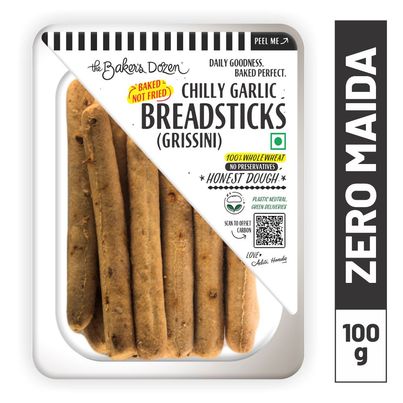 The Baker's Dozen Zero Maida Breadsticks (Grissini) Baked Snack No Palm Oil No preservatives 100% Wholewheat The Baker's Dozen Zero Maida Breadsticks (Grissini) Baked Snack No Palm Oil No preservatives 100% Wholewheat