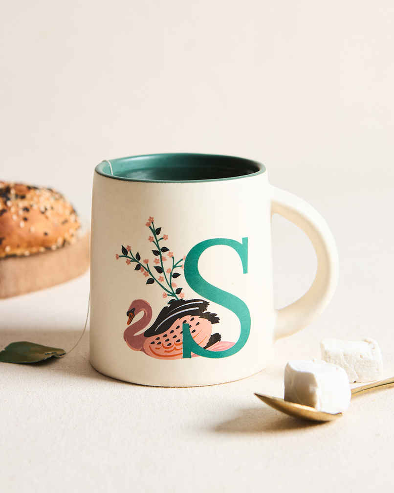 Chumbak S Alphabet Ceramic Mug | Off-White & Green -300 ml