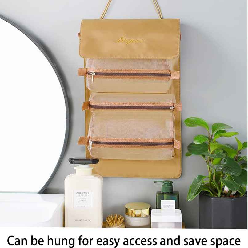 Awestuffs 4 in 1 Hanging Roll Up Toiletry Makeup Bag Waterproof Travel Organizer | Khaki