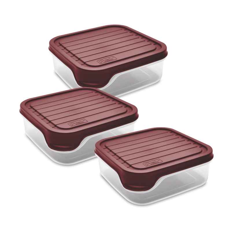 Flair Plastic Storewell Square Food Storage Containers 550Ml - Set Of 3, (Maroon), Food Grade