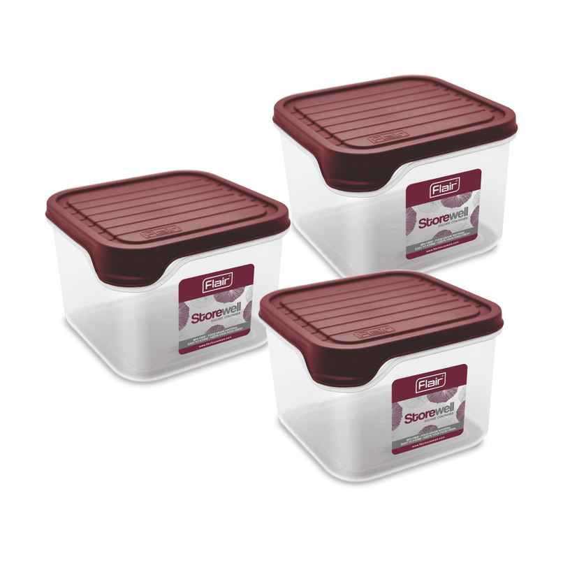 Flair Plastic Storewell Square Food Storage Containers 1150Ml - Set Of 3, (Maroon), Food Grade