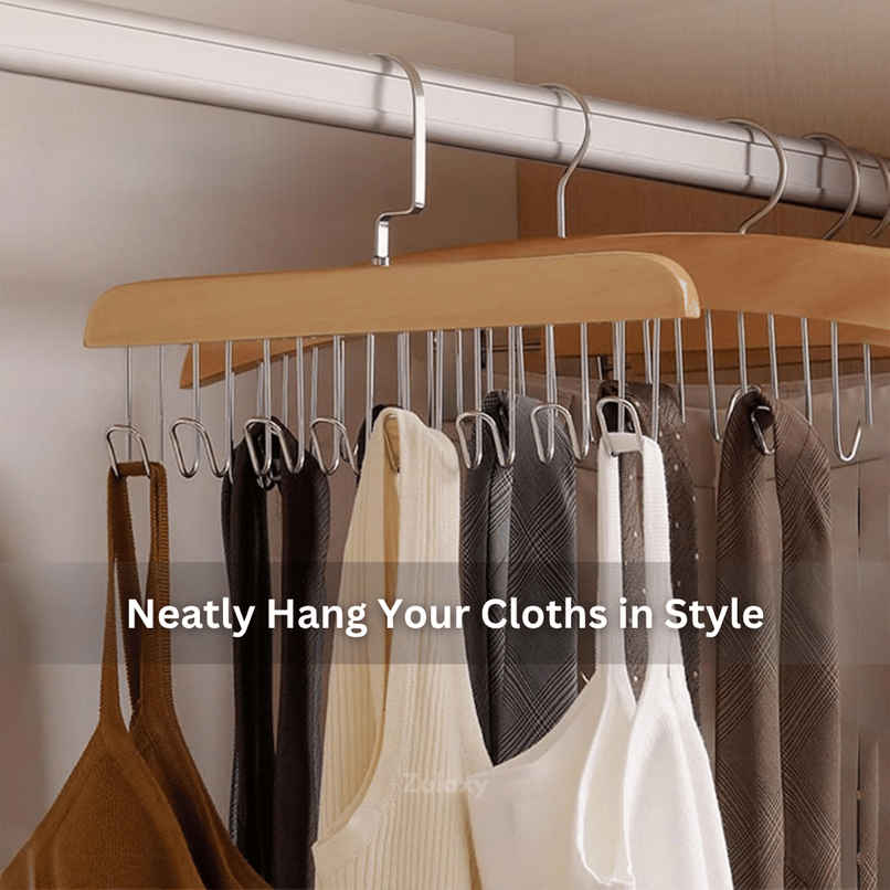 Zulaxy Multipurpose Wooden Cloth Hanger with 8 Hooks (Stainless Steel)
