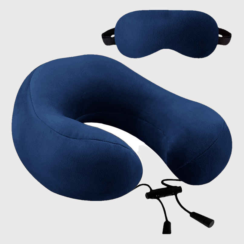 Billebon Unisex Solid Polyester Neck Pillow with Eye Mask | Navy Blue - Free Size